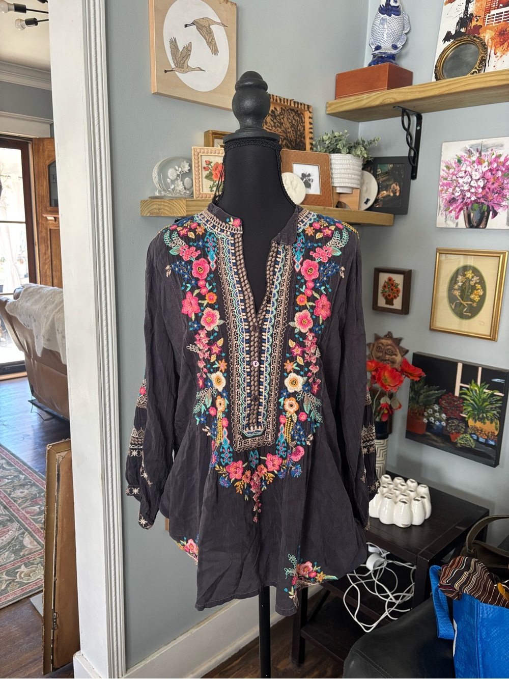 Johnny Was Bethanie embroidered button tunic top blouse gray floral size S boho